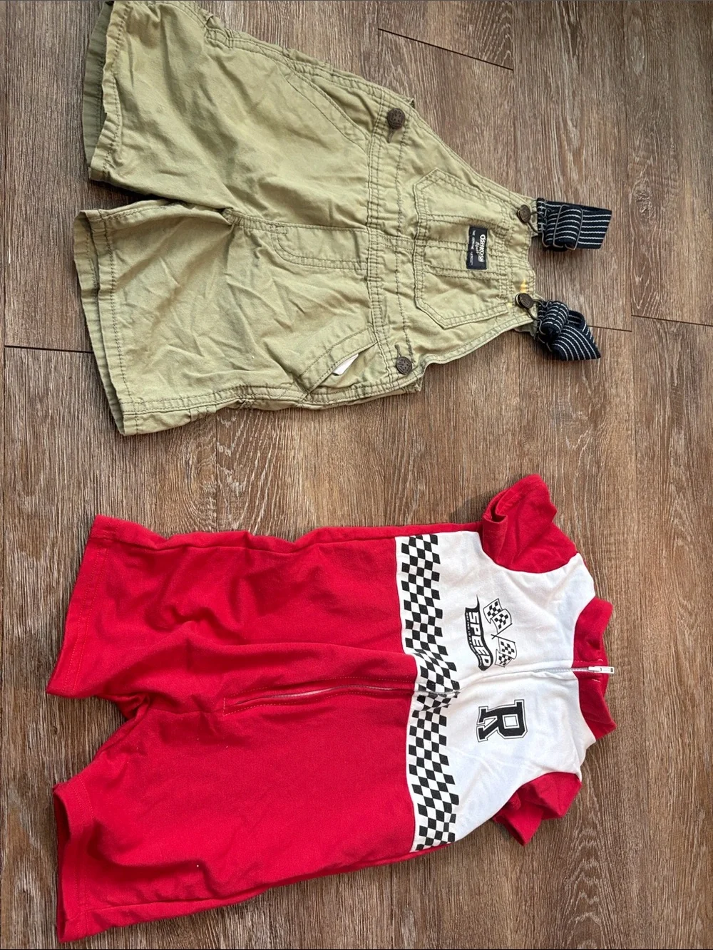 Kids Red Racing Romper & Olive Shortalls Set